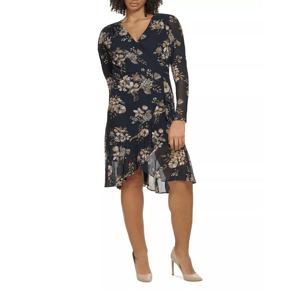 Tommy Hilfiger Women's Floral-Print Mesh Faux-Wrap Dress - Sky Captain 10